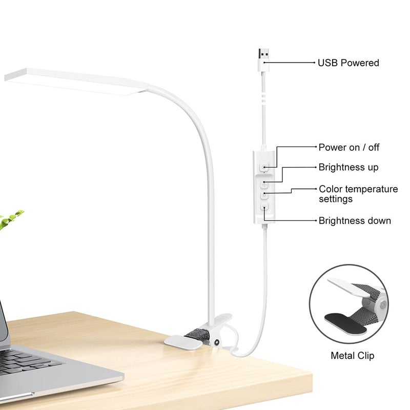 RAOYI LED Desk Lamp, 5W USB Clip on Light Eye-Caring Reading Clamp Table Lamp with 48 LEDs Flexible Neck, 3 Color Modes and 14 Brightness Levels for Office Bedroom Study (White) - Image 2